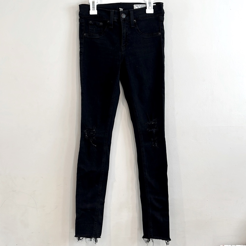 Rag & Bone Mid Rise Distressed Raw Hem Black Wash Legging Jeans Size 25